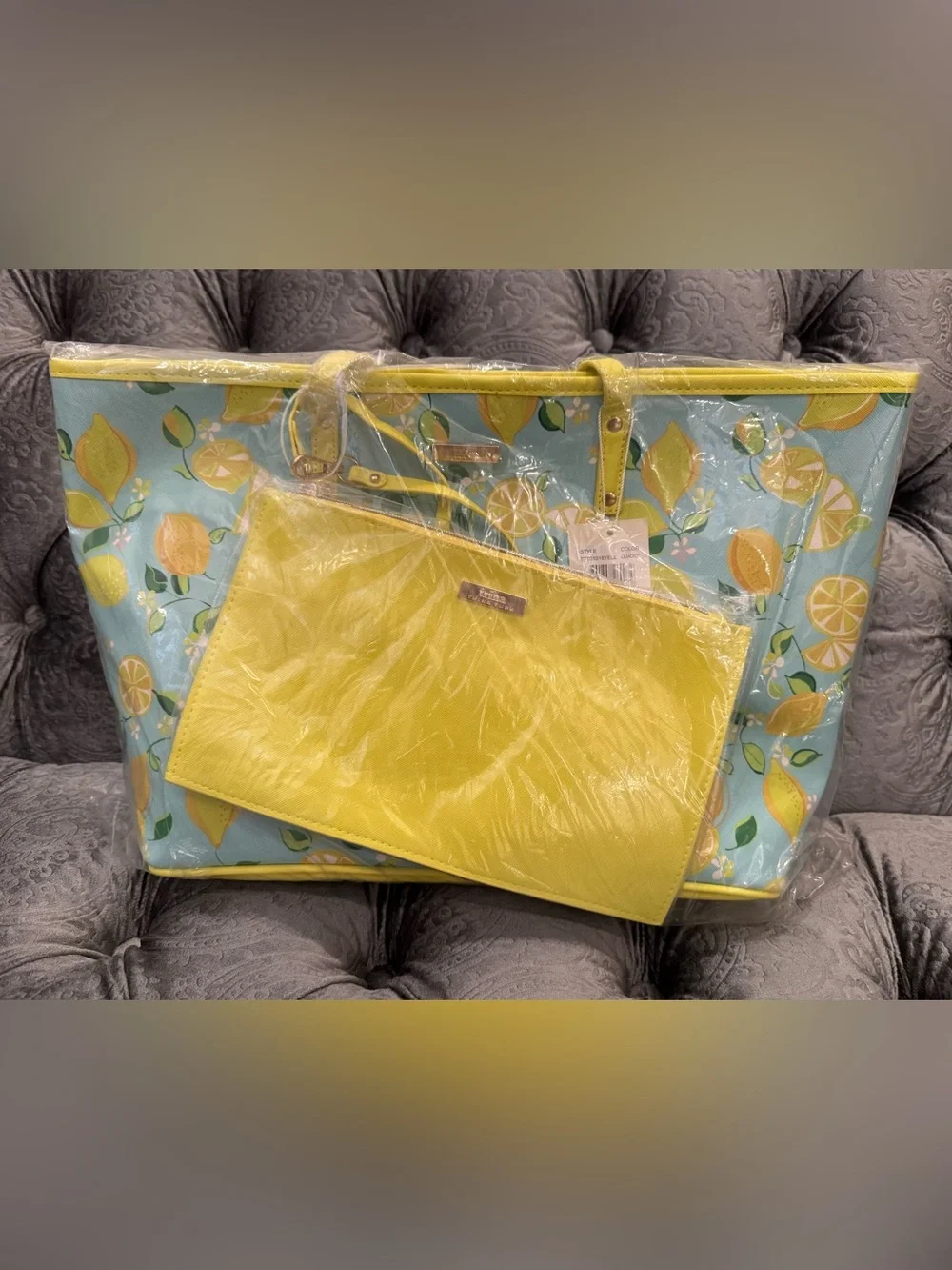 NWT Trina Turk Lemon Print Tote with Yellow Pouch